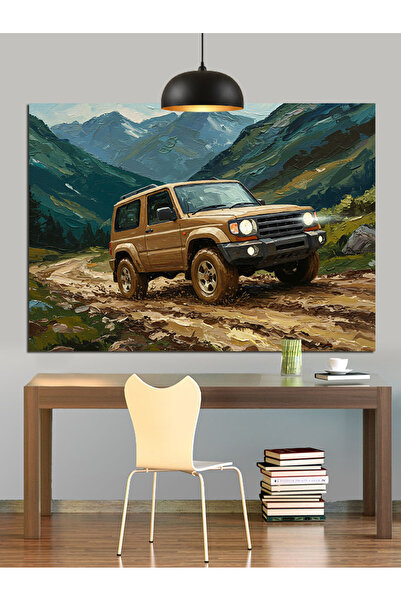 KanvasSepeti Jeep Car on Mountain Road Decorative Oil Painting Textured High ...