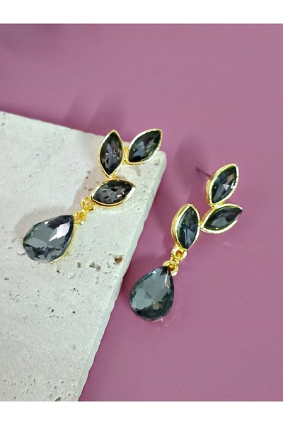 mos&more Anthracite Gold Crystal Stone Leaf Earrings