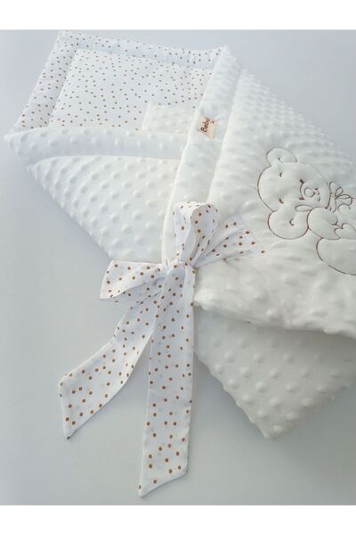 OMY Ecru Chickpea Baby Blanket for Girls/Boys Swaddle with Teddy Bear Embroidery Hospital Release Newborn Cover