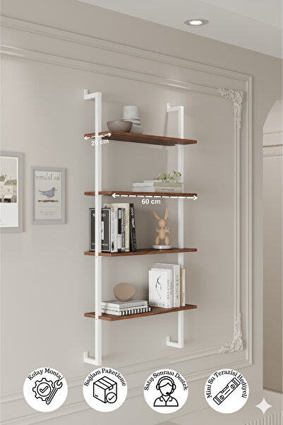 Euromob 60x20 cm Beyaz Metal 4 Raflı Duvar Rafı | Kitaplık & Mutfak Banyo Org...