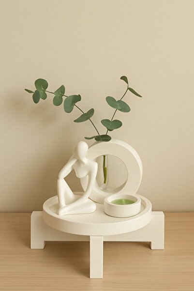 Beyaz Atölye Dekoratif Heykel Seti Zen Tarzı Masa Üstü Aksesuar Mumluk Saksı