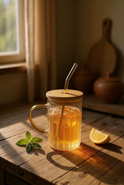 LAVİNYACONCEPT Glass Mug with Bamboo Lid and Straw - 420ml