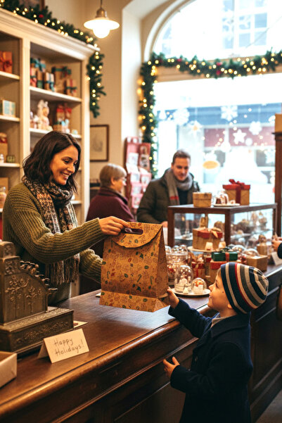 OLİ Art El Geçme Kraft Çanta – Yılbaşı Desenli, 6 Adet 25x32x8 cm, Yılbaşı Poşet, Hediyelik Çanta