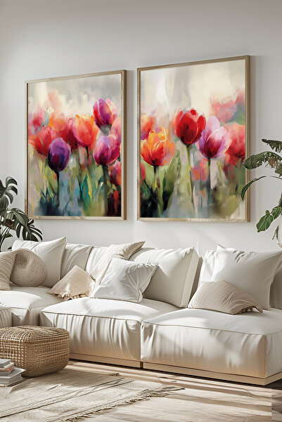 STARYUNA Wooden Framed Oil Painting Effect Colorful Tulip Flower Double Painting Set Yuna425