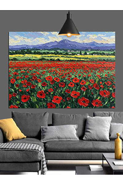 Artmeg Dağların Önünde Gelincik Tarlası Dekoratif Kanvas - Mdf Ahşap Tablo