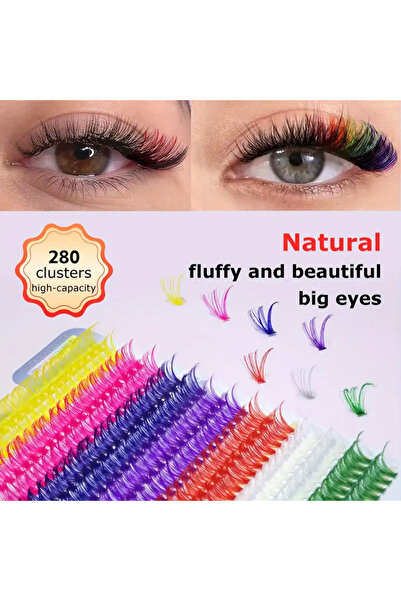 DIYEYELASH 280 Adet Cluster Rainbow Renkli Curl Takma Küme Kirpikler 16mm Doğal ve Yumuşak Büyük Göz Uzantısı