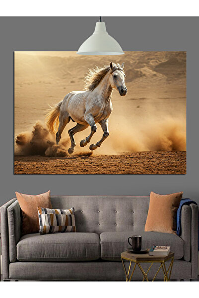 karizmart Çölde Koşan Beyaz At Dekoratif Kanvas - Mdf Ahşap Tablo