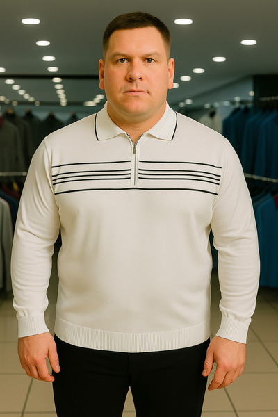 Maccali Men's Plus Size Striped White Polo Zipper Sweatshirt