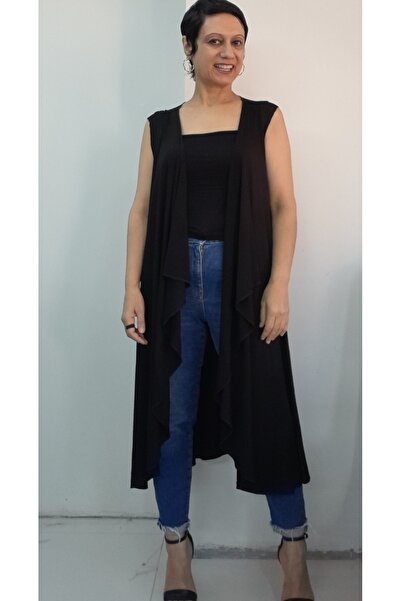 Mertcan Butik Black Draped Front Loose Sleeveless Combed Viscose Vest