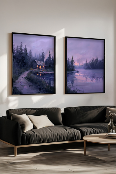 STARYUNA Black Wooden Framed Foggy Lake and Forest Hut Landscape Double Purple Painting Set Yuna424