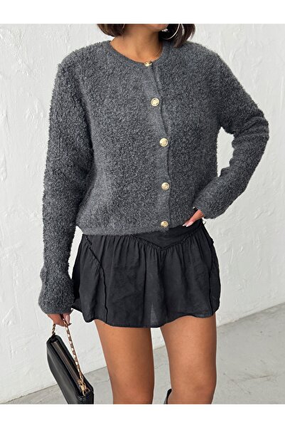 BEJNA Women's Anthracite Towel Woven Buttoned Knitwear Cardigan