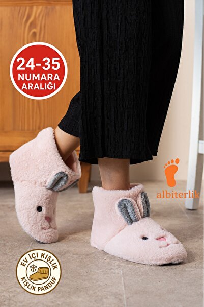 AlbiShoes Kız Çocuk Kulak Tavşan Figürlü Ev Botu Panduf Çocuk Peluş Rahat Sessiz Taban Ev Ayakkabısı