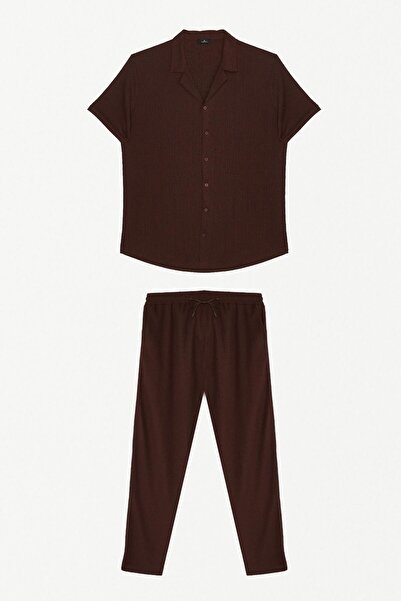 Tudors Men's Standard Fit Short Sleeve Tie-Waist Lapel Collar Brown Shirt Jogger Set