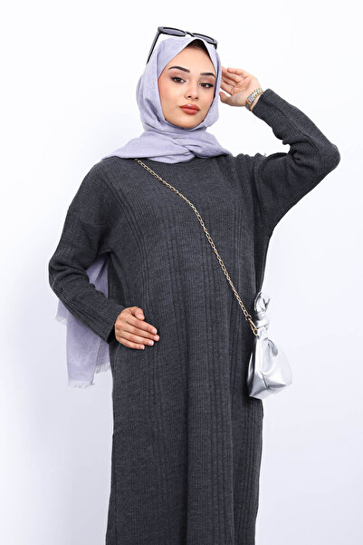 İmajButik Φόρεμα πλεκτό με ραβδώσεις με ψηλό γιακά ανθρακί