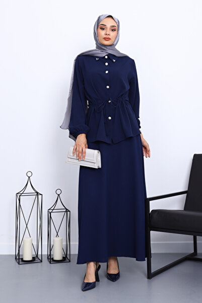 İmajButik Mornarsko plava košulja, suknja i odijelo Na vezivanje