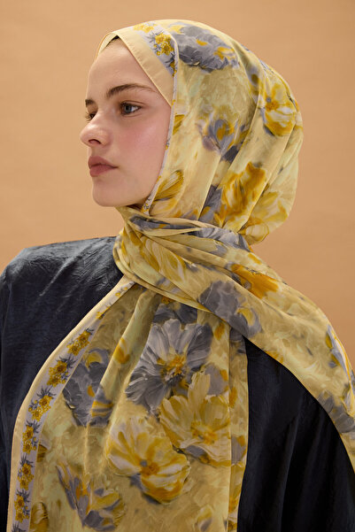 cs camellia scarf Σάλι Μεταξωτό Κρεπ Φλωρεντίας - Κίτρινο Γκρι