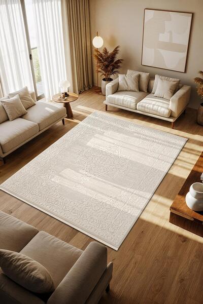 Cotto Home Cotto Motto TT007W Krem Halı Klasik Çerçeveli Desen Pamuk Taban Yı...