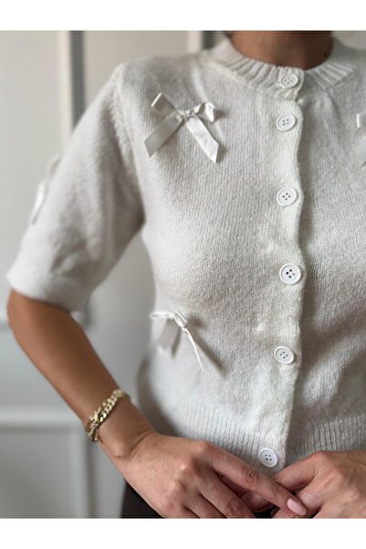 Size Özgü Ecru Bow Half Sleeve Cardigan