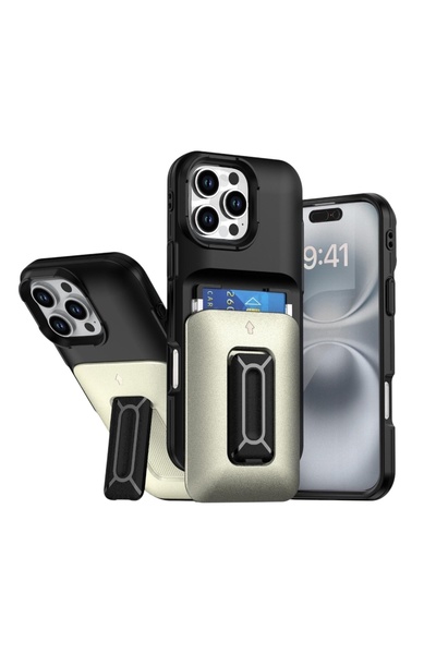 KILIF HOUSE iPhone 15 Pro Compatible Metal Card Holder Stand Tank Case