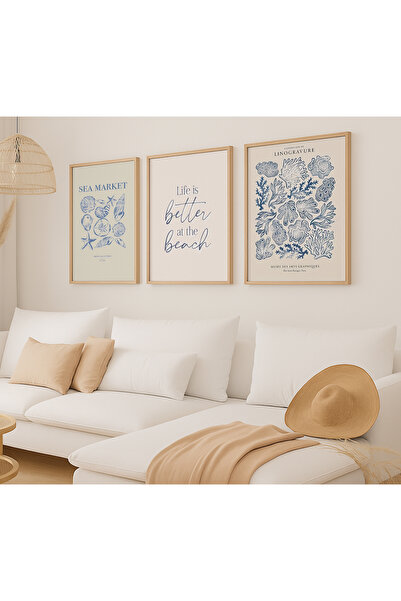 VOBA STORE 3 PARÇA DENİZ TEMALI ÇERÇEVE GÖRÜNÜMLÜ MDF TABLO SETİ -79-1
