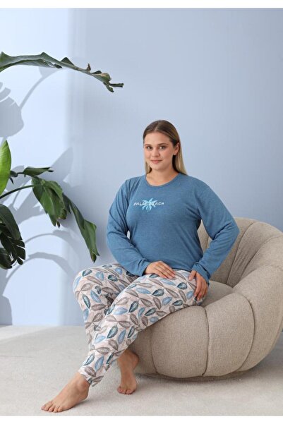 lindros Big size women's pajama blue, Palm Beach print, 100% cotton