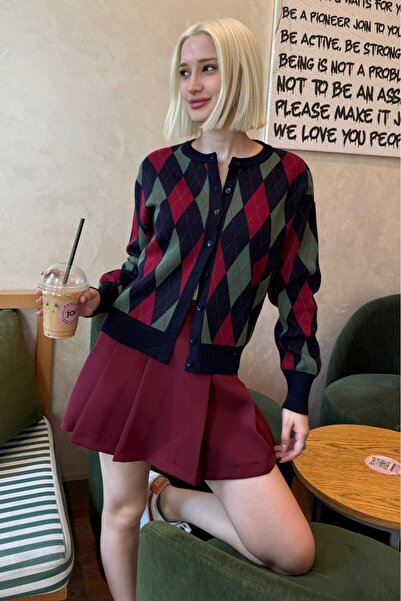 Madmext Navy Blue Diamond Patterned Crew Neck Women's Cardigan Mg2496