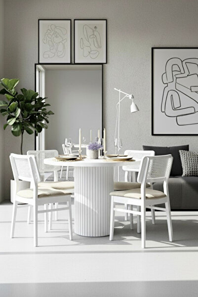 Woodenbend Bernando Beyaz Natural Hazeran Masa Takımı 100 cm – 4 Kayın Sandalyeli Bohem İskandinav Yemek Masası