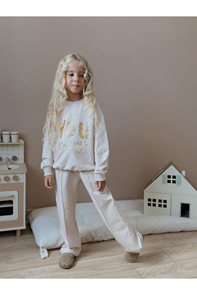 Patriko Girl's Ecru Color Wide-Lettered New Season Long Sleeve Bottom-Top Set