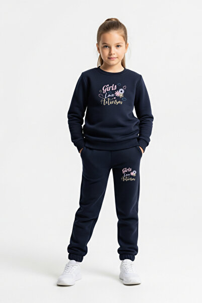 FYK COLLECTİON Комплект спортен екип за момичета с детайли и принт, с кръгла яка