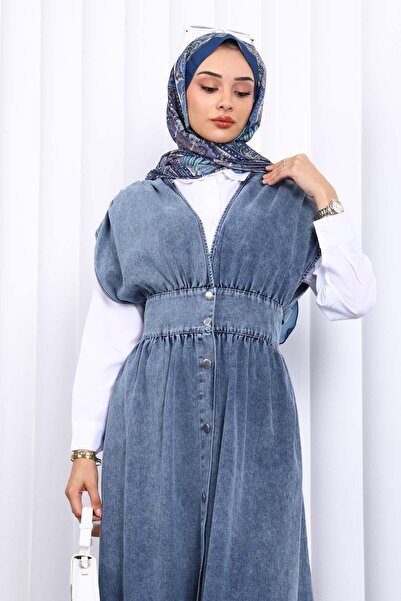 İmajButik Μπλε τζιν φόρεμα με διπλό γιακά με κουμπιά