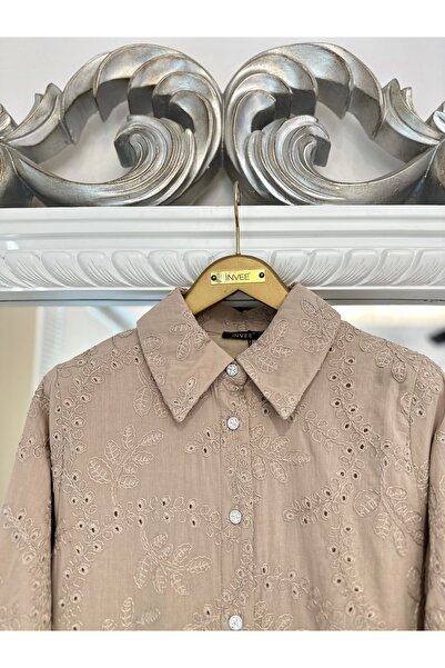 Invee 7018 Beige Hole Work Shirt Dress