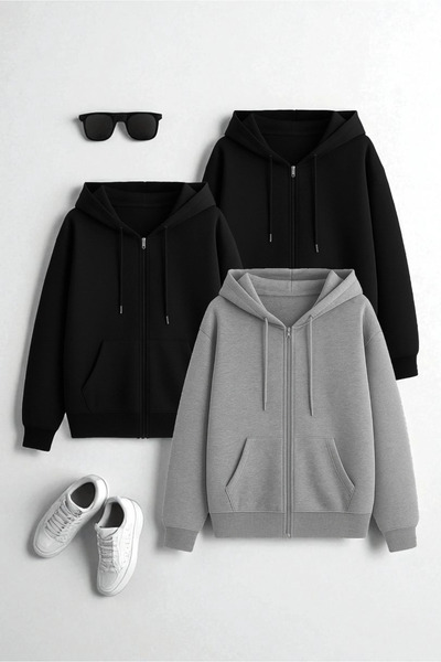 trendypassion سترة بغطاء للرأس بسحاب للجنسين باللونين الأسود والأسود والرمادي...