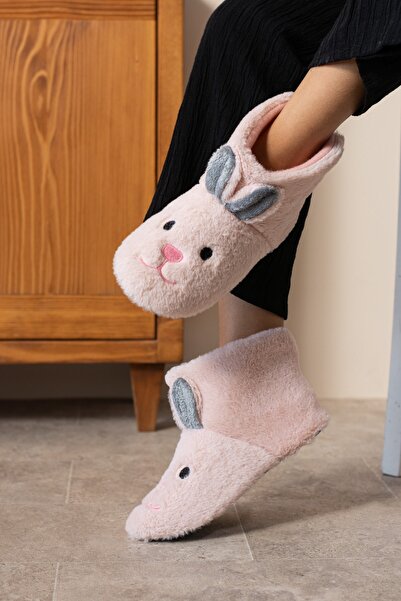 AlbiShoes Kız Çocuk Kulak Tavşan Figürlü Ev Botu Panduf Çocuk Peluş Rahat Sessiz Taban Ev Ayakkabısı