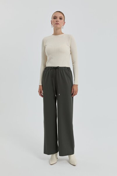 Nihan Beli Lastikli Bol Paça Pantolon Haki