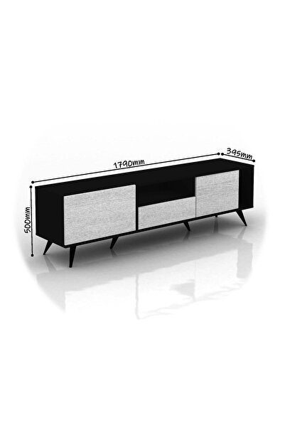 BAITY Rectangular TV Table with Fixed Base, 179 cm, Shelves and Drawers, Black & White