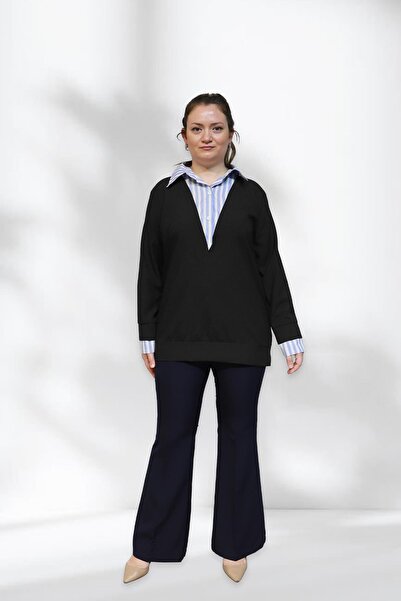 Bedrinxxl Büyük Beden Kadın V Yaka Çizgili Gömlek Detaylı Bluz