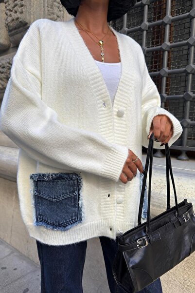 THE VOLER Blanc Denim Detailní pletený kardigan -EKRU