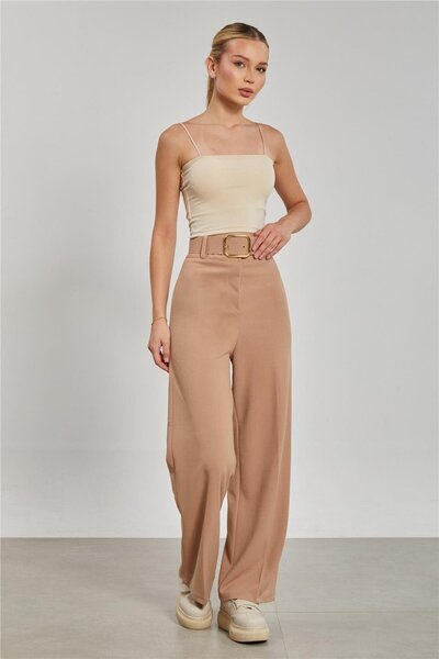 BARRELS AND OIL بنطلون نسائي قماش واسع الساق بحزام - حجري