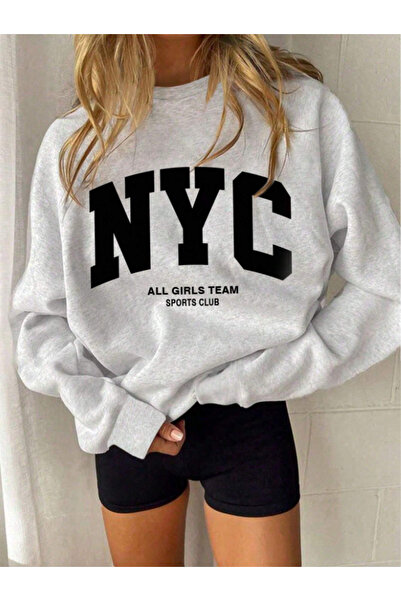 Revasser Unisex Kadın/Erkek Detaylı NYC Özel Baskılı Renkli Oversize Bisiklet Yaka Pamuklu Sweatshirt