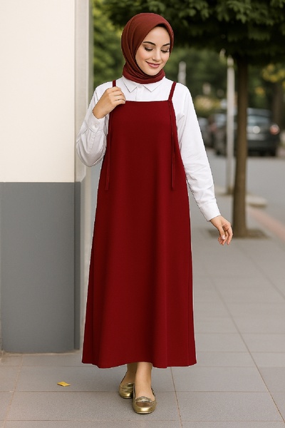 emosavm Women's Burgundy Basic Adjustable Strap Jile Dress