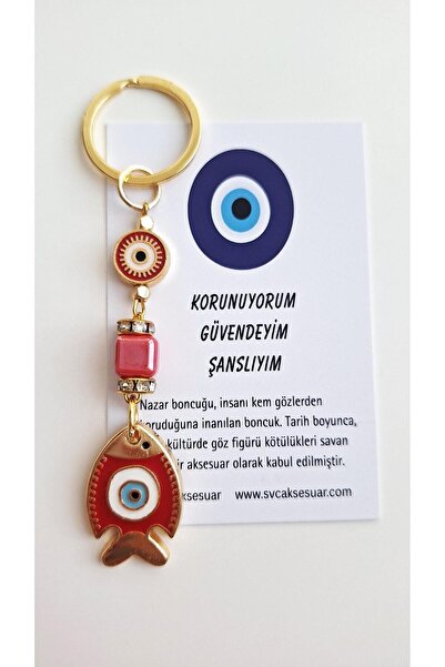 Svc Aksesuar Gift Evil Eye Beaded Lucky Fish Keychain - Red 10 cm