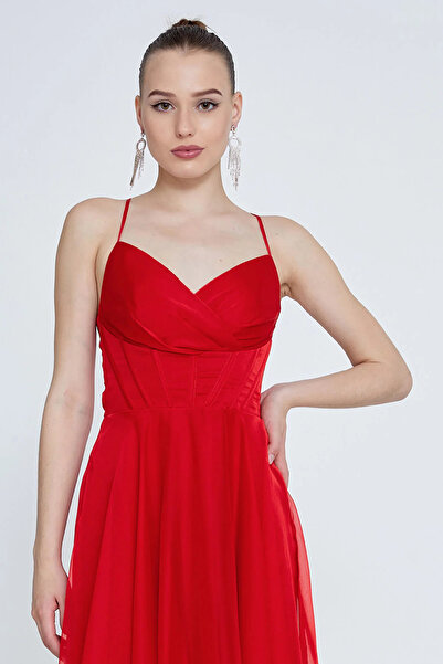 DORİDORCA Women's Strappy Cross-Back Short Evening Dress 6025 Red
