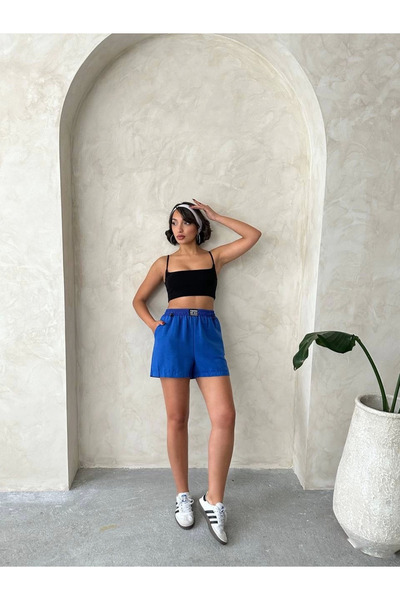 İntive Lingerie Linen Shorts with Coat of Arms Saks Blue S251003