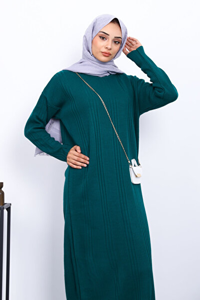 İmajButik Σμαραγδένιο πράσινο πλεκτό φόρεμα με ραβδωτό γιακά