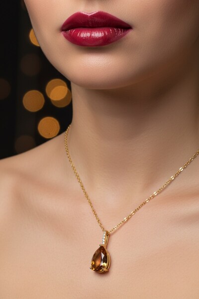 X-Lady Accessories Altın Renk Sıra Taşlı Amber Damla Model Sf Zincir Çelik Ko...