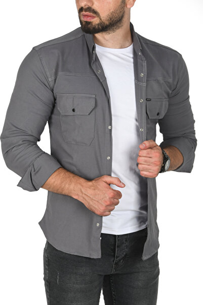 DeepSEA Ανδρικό πουκάμισο γκρι μεγάλου μεγέθους από βαμβακερό λύκρα – στενή εφαρμογή, κλείσιμο με κουμπωτά κουμπιά 2500423