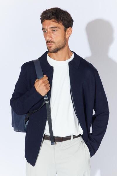 TENA Men's Navy Blue-Indigo Double Face Acrylic Zippered Cardigan