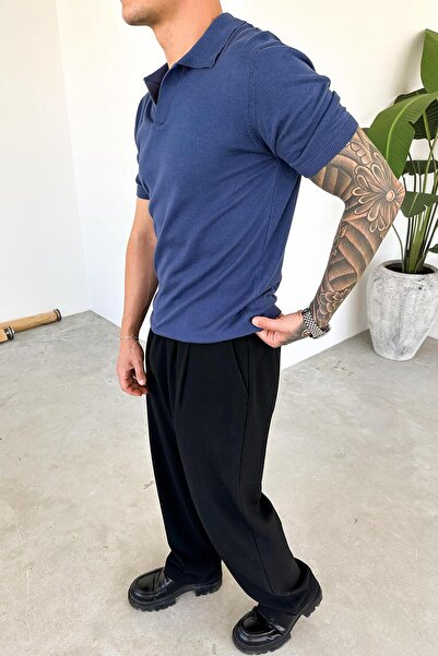 HAFKAGİYİM Μπλουζάκι με λαιμόκοψη πόλο με λεπτό κλιμακωτό πλέγμα Indigo