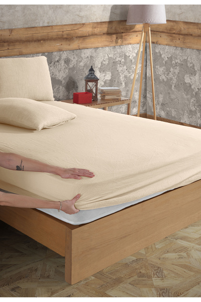 destinyhometex 100% Cotton 2-Layer Muslin Fitted Sheet and 2 Pillowcases / Single - Double - King Size