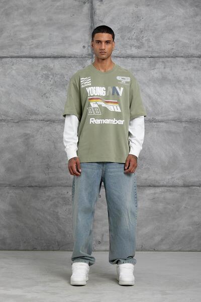 NOMARC Πράσινο φούτερ Remember με τύπωμα Oversize με μονόχρωμο μανίκι